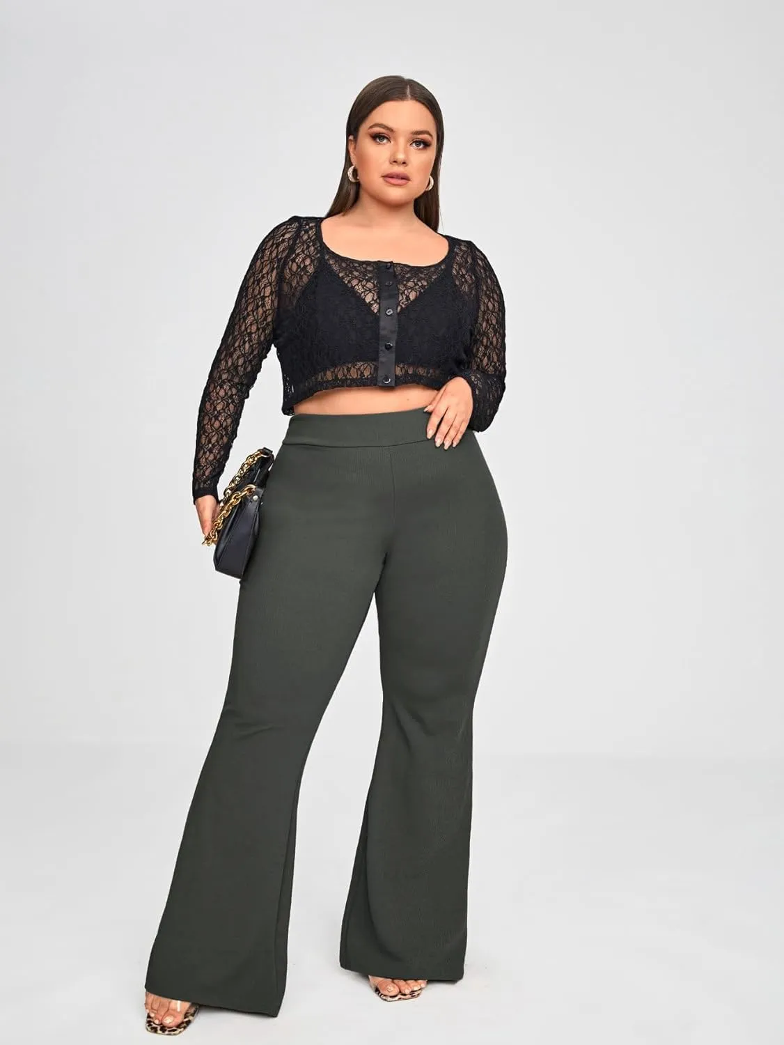 WDIRARA Women's Plus Size Elastic High Waist Flare Bell Bottom Ribbed Knit Long Pants