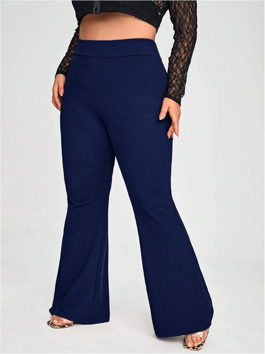 WDIRARA Women's Plus Size Elastic High Waist Flare Bell Bottom Ribbed Knit Long Pants