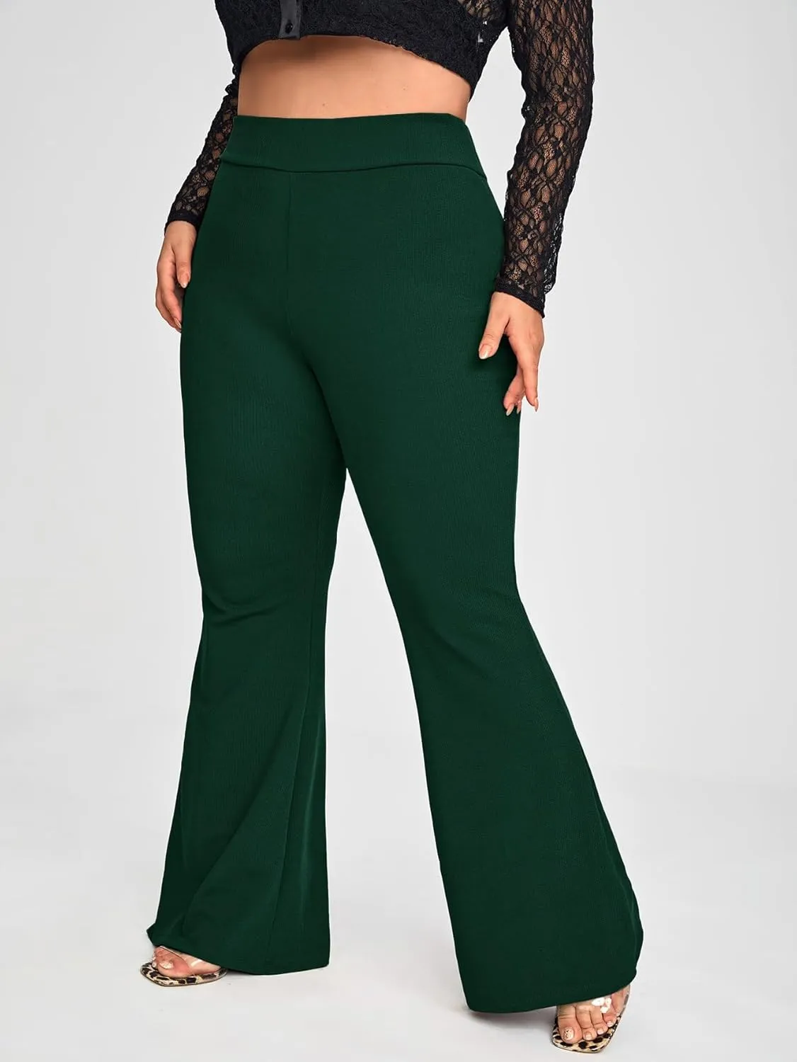 WDIRARA Women's Plus Size Elastic High Waist Flare Bell Bottom Ribbed Knit Long Pants