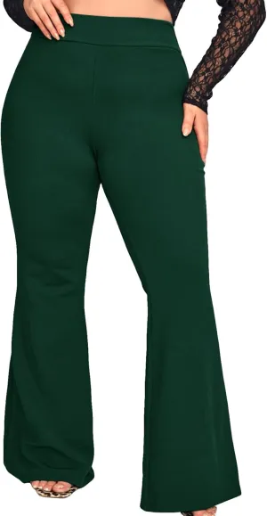 WDIRARA Women's Plus Size Elastic High Waist Flare Bell Bottom Ribbed Knit Long Pants
