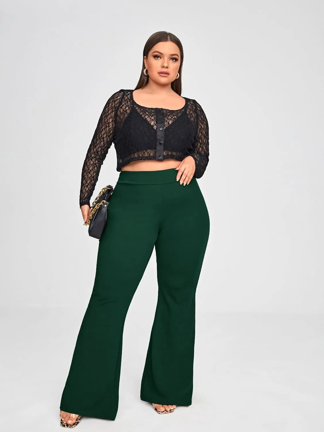 WDIRARA Women's Plus Size Elastic High Waist Flare Bell Bottom Ribbed Knit Long Pants