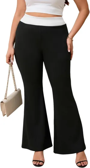 WDIRARA Women's Plus Size Elastic High Waist Flare Bell Bottom Ribbed Knit Long Pants