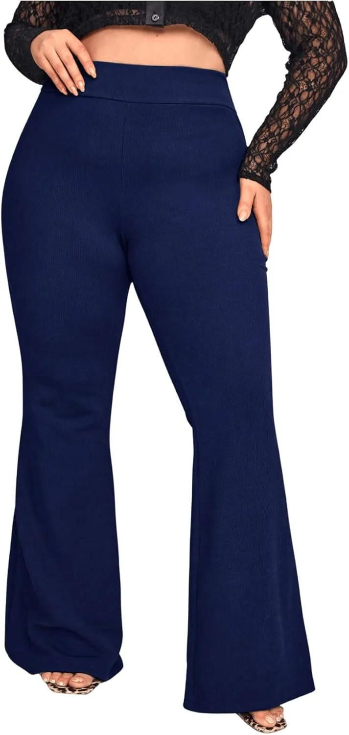 WDIRARA Women's Plus Size Elastic High Waist Flare Bell Bottom Ribbed Knit Long Pants