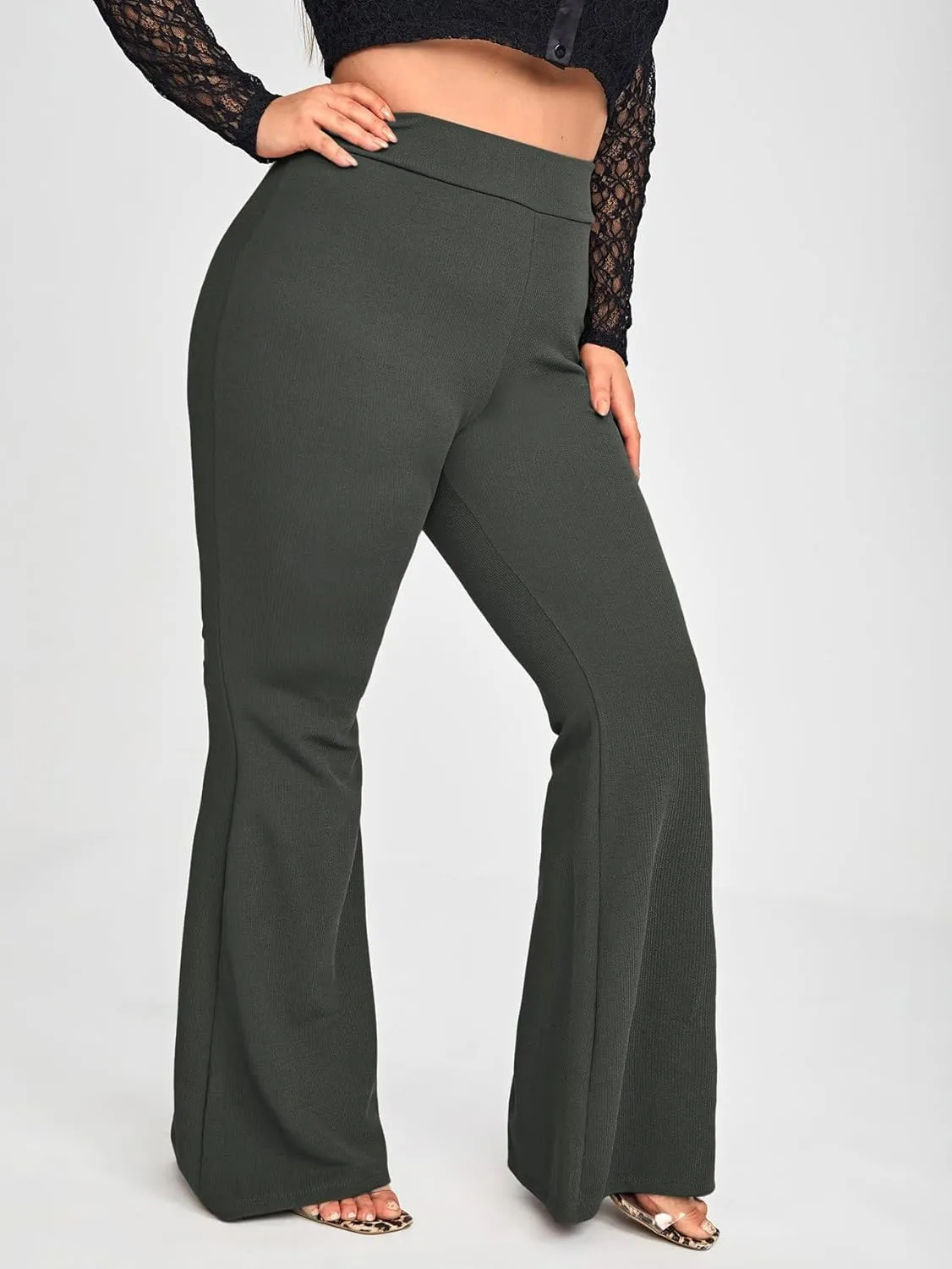 WDIRARA Women's Plus Size Elastic High Waist Flare Bell Bottom Ribbed Knit Long Pants