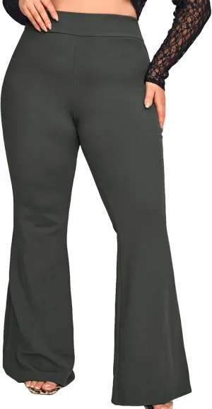WDIRARA Women's Plus Size Elastic High Waist Flare Bell Bottom Ribbed Knit Long Pants