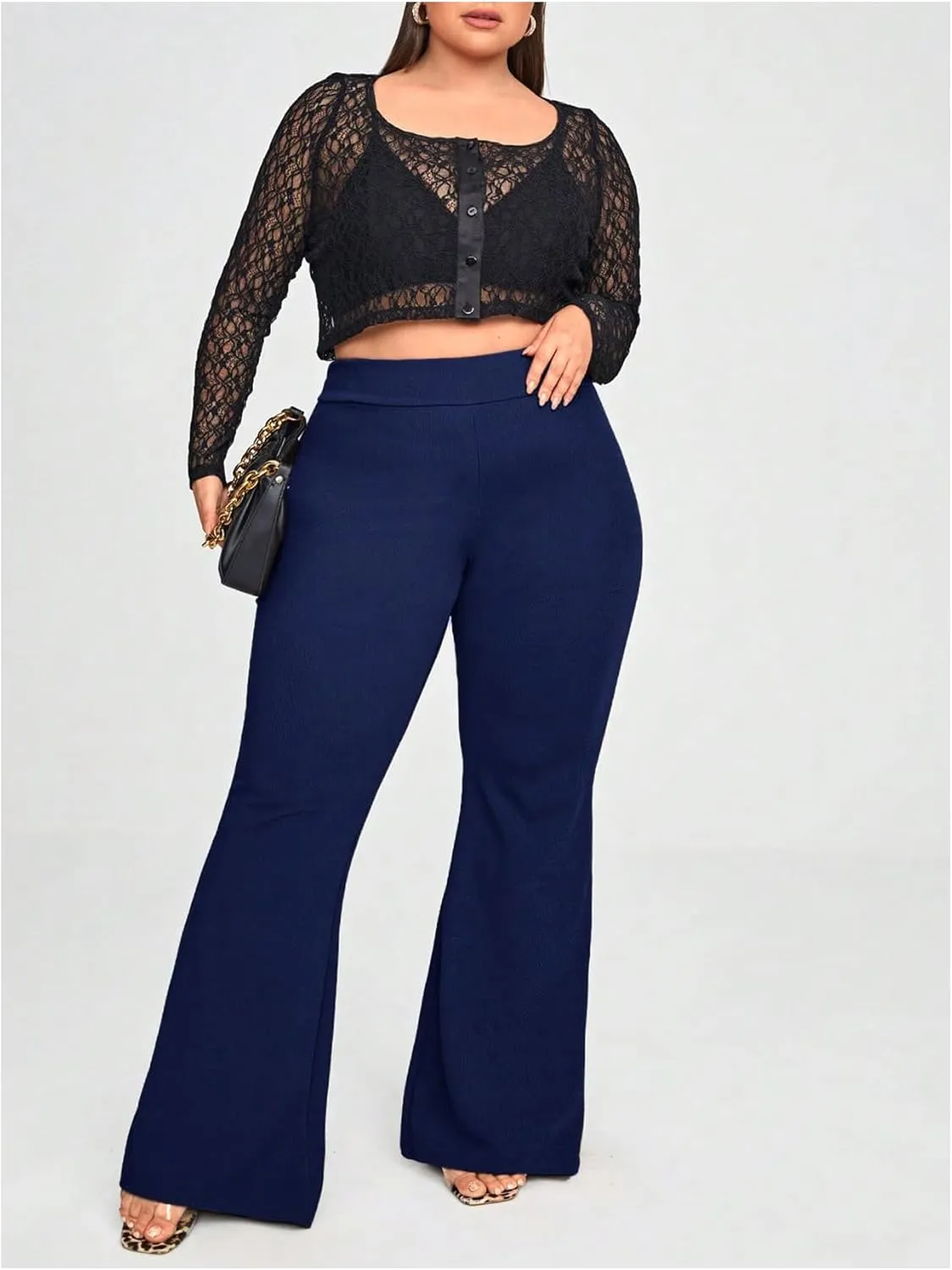 WDIRARA Women's Plus Size Elastic High Waist Flare Bell Bottom Ribbed Knit Long Pants