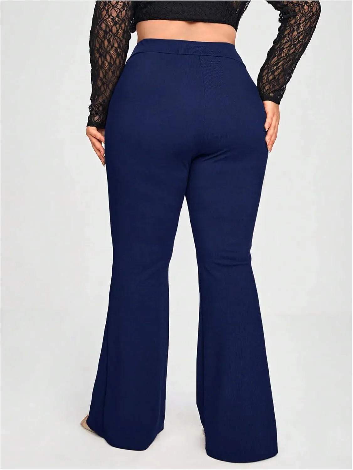 WDIRARA Women's Plus Size Elastic High Waist Flare Bell Bottom Ribbed Knit Long Pants