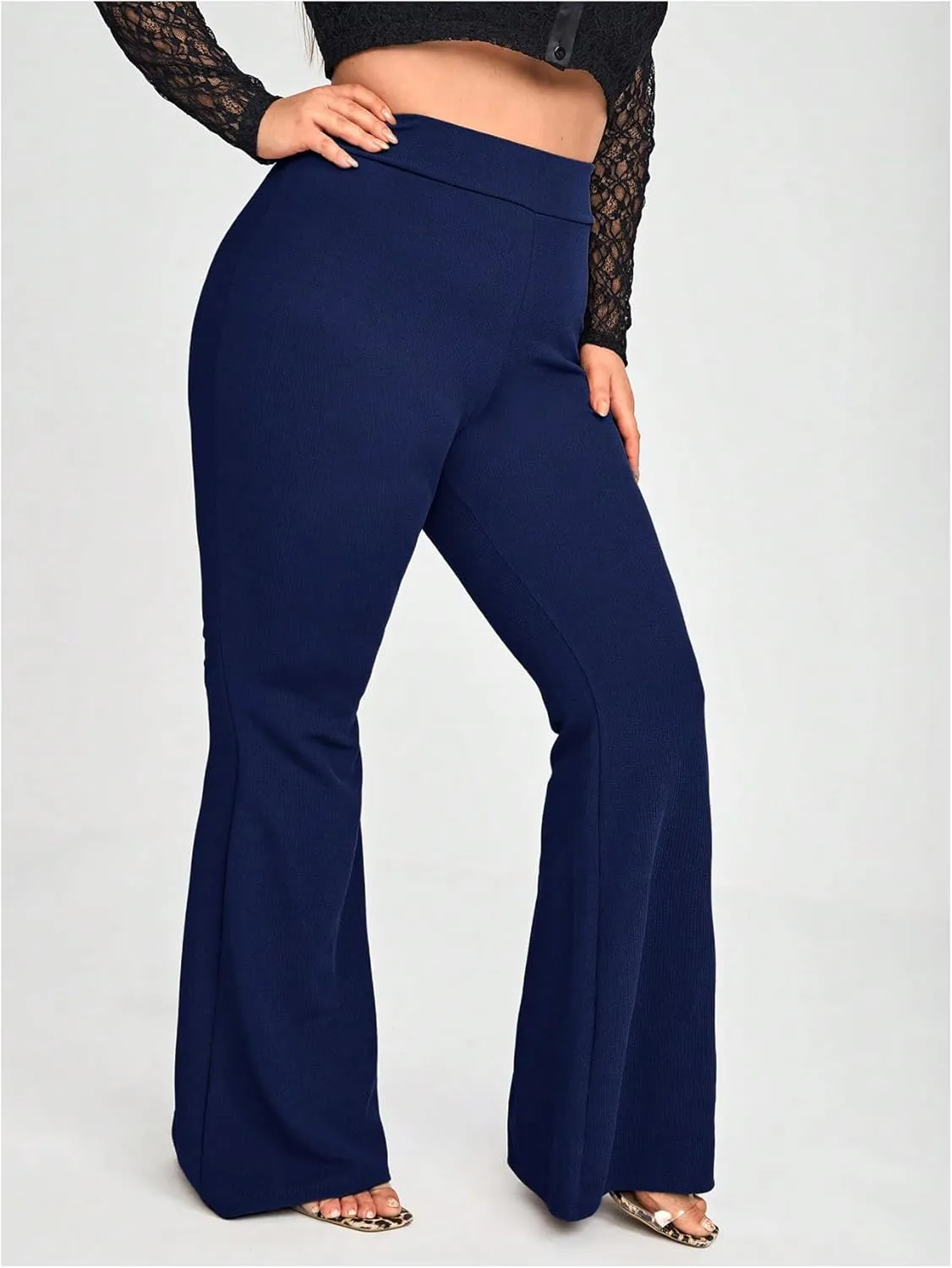 WDIRARA Women's Plus Size Elastic High Waist Flare Bell Bottom Ribbed Knit Long Pants