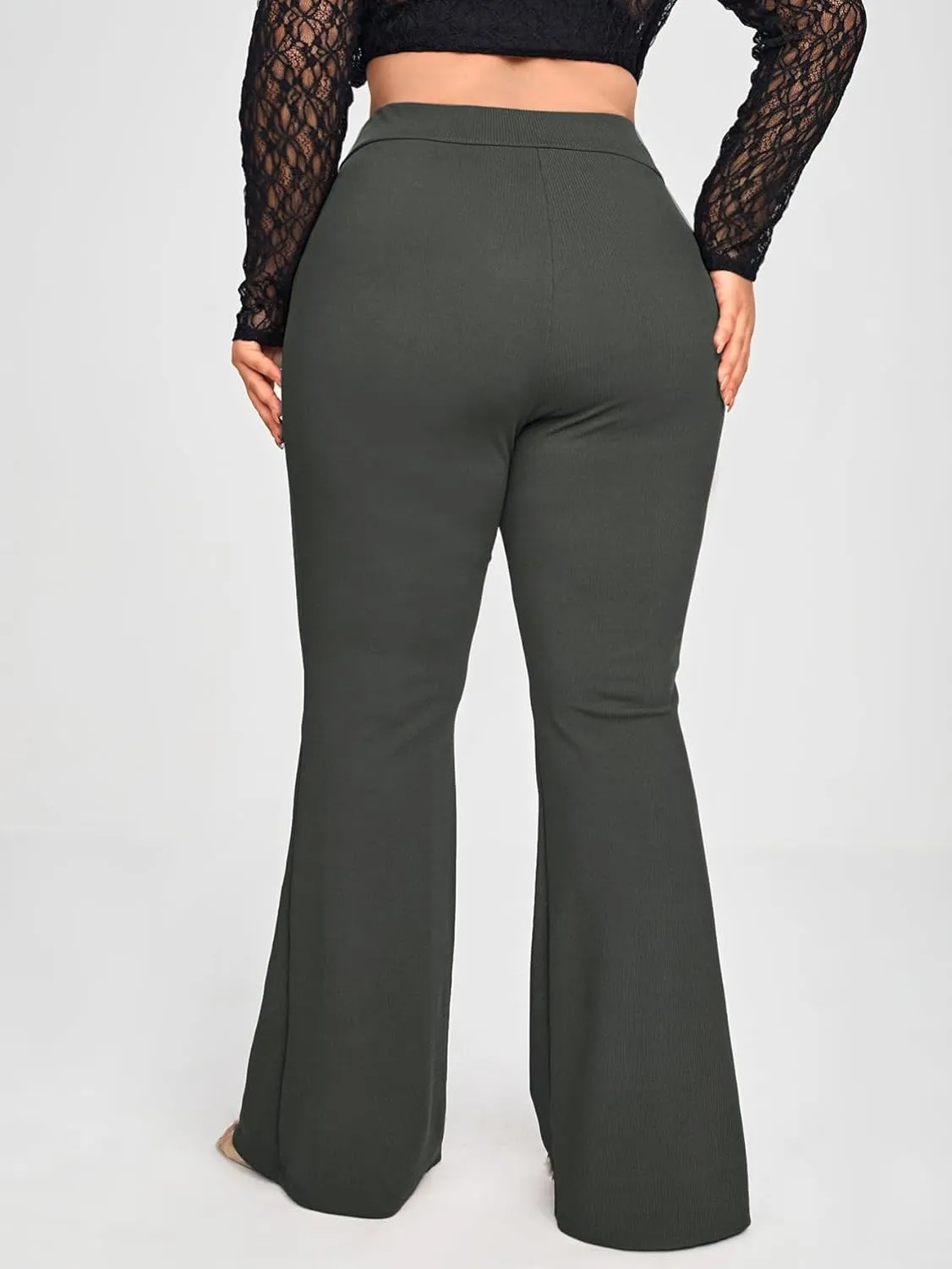 WDIRARA Women's Plus Size Elastic High Waist Flare Bell Bottom Ribbed Knit Long Pants