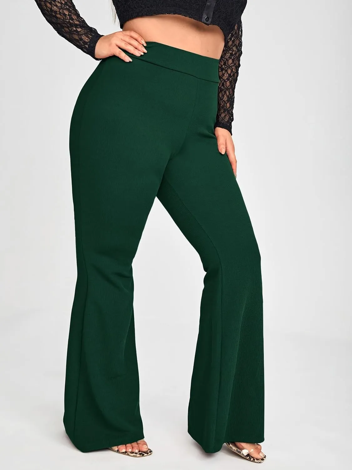 WDIRARA Women's Plus Size Elastic High Waist Flare Bell Bottom Ribbed Knit Long Pants