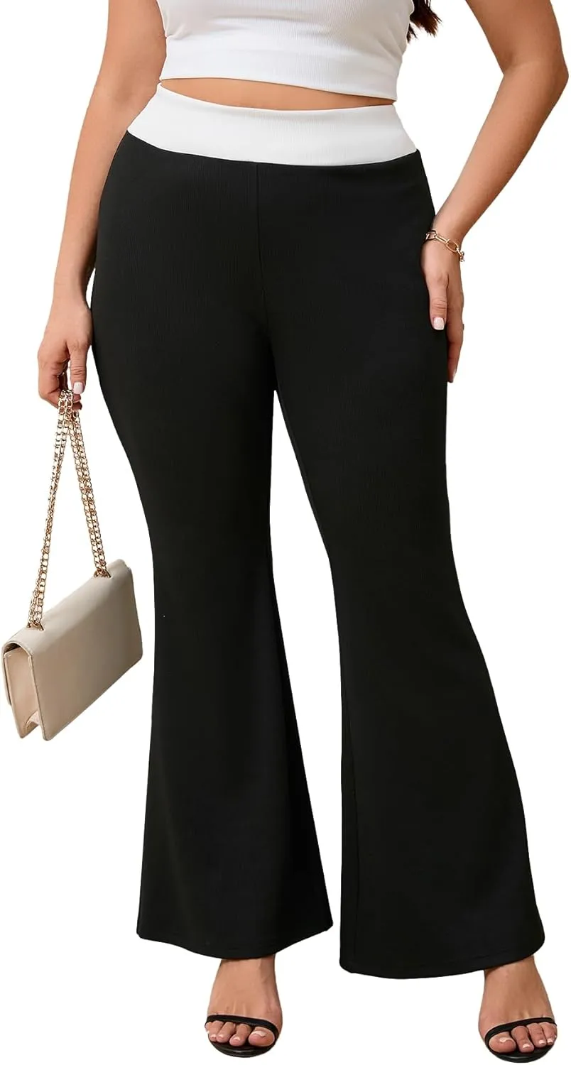 WDIRARA Women's Plus Size Elastic High Waist Flare Bell Bottom Ribbed Knit Long Pants