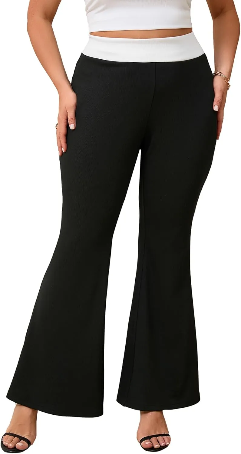 WDIRARA Women's Plus Size Elastic High Waist Flare Bell Bottom Ribbed Knit Long Pants