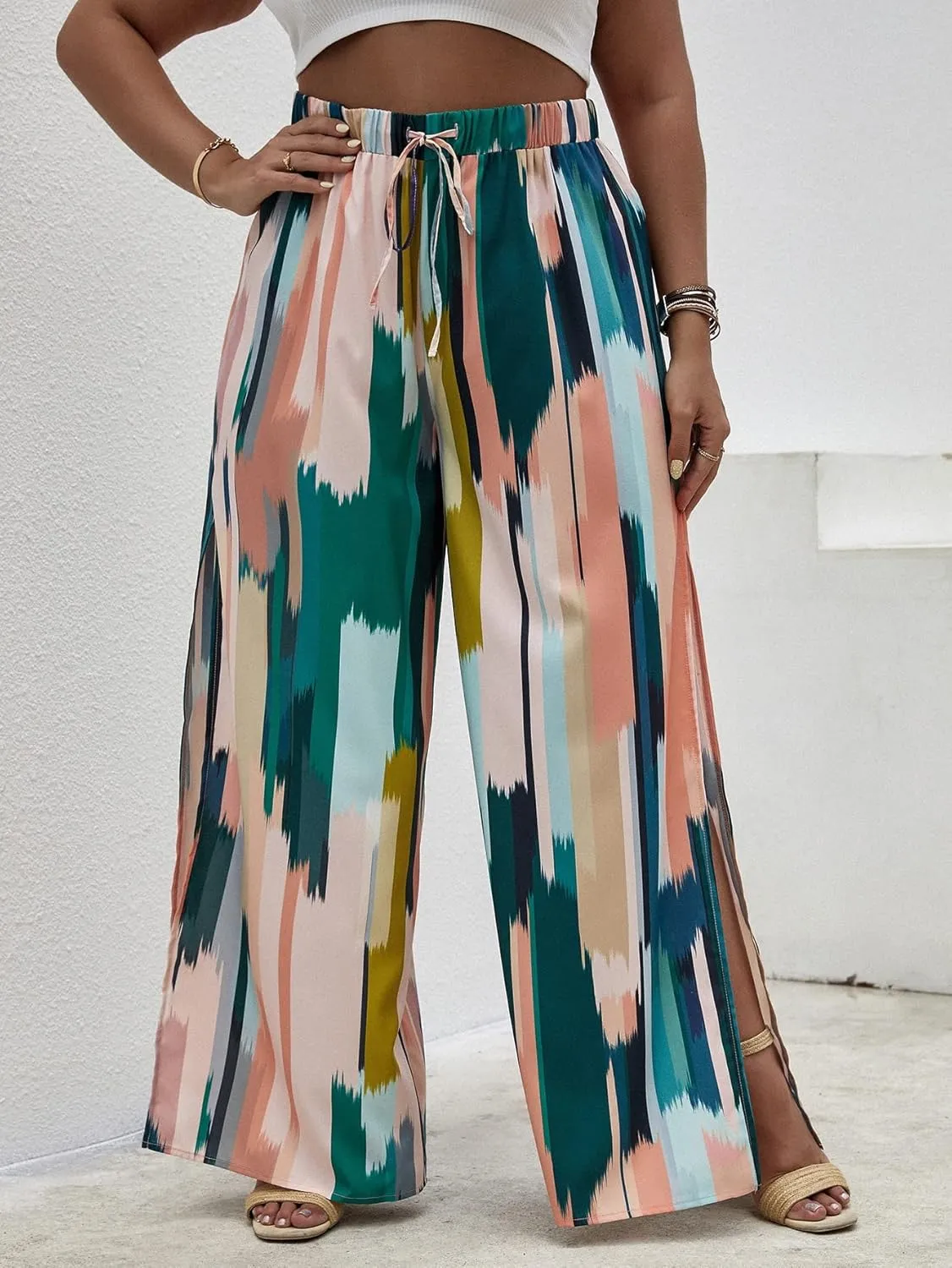 WDIRARA Women's Plus Size Printed Drawstring Waist Split Side Wide Leg Pants