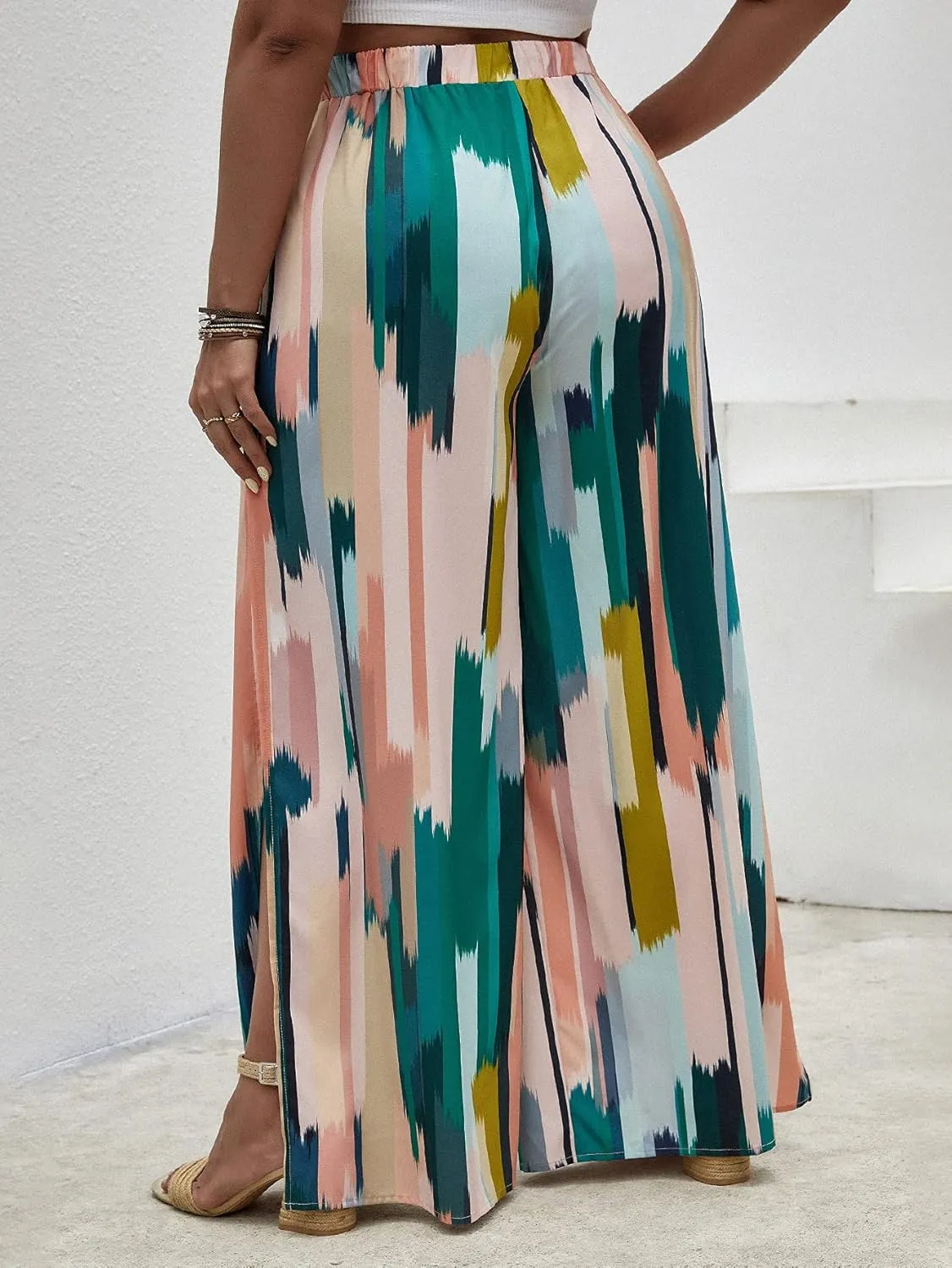 WDIRARA Women's Plus Size Printed Drawstring Waist Split Side Wide Leg Pants