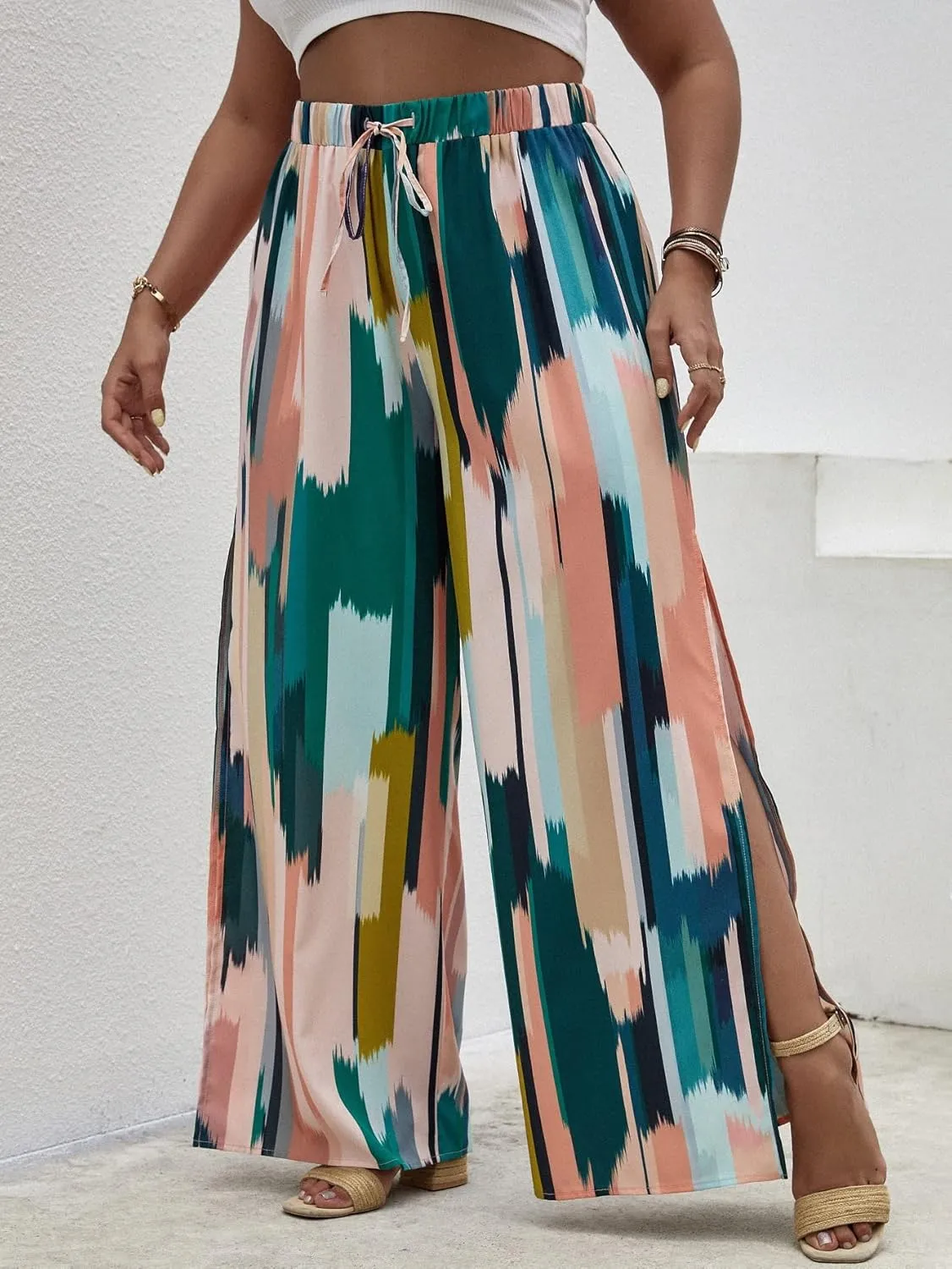 WDIRARA Women's Plus Size Printed Drawstring Waist Split Side Wide Leg Pants