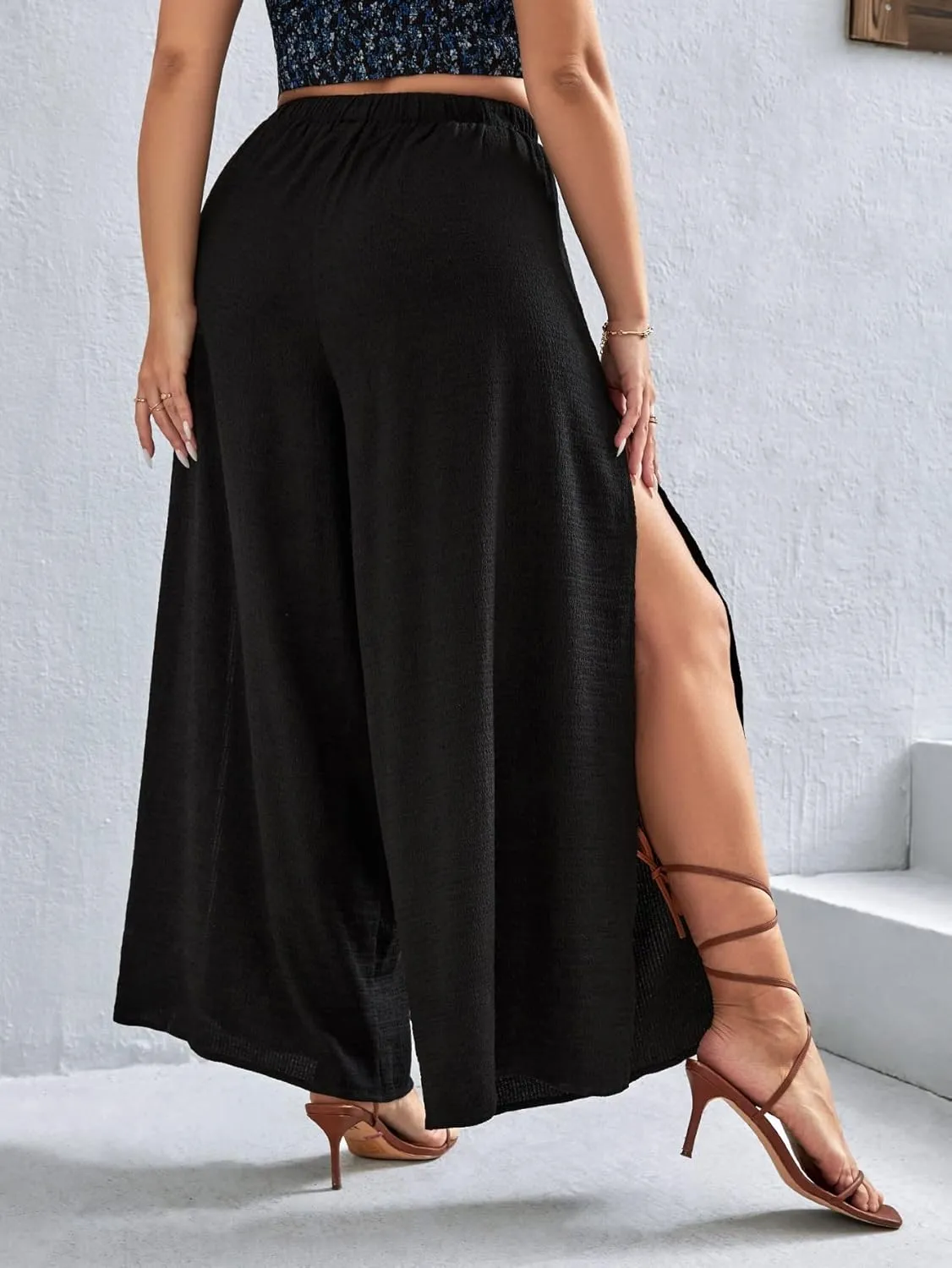 WDIRARA Women's Plus Size Printed Drawstring Waist Split Side Wide Leg Pants