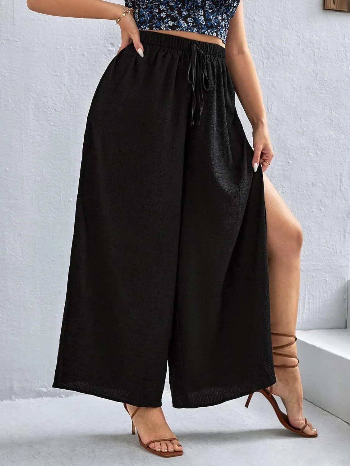 WDIRARA Women's Plus Size Printed Drawstring Waist Split Side Wide Leg Pants