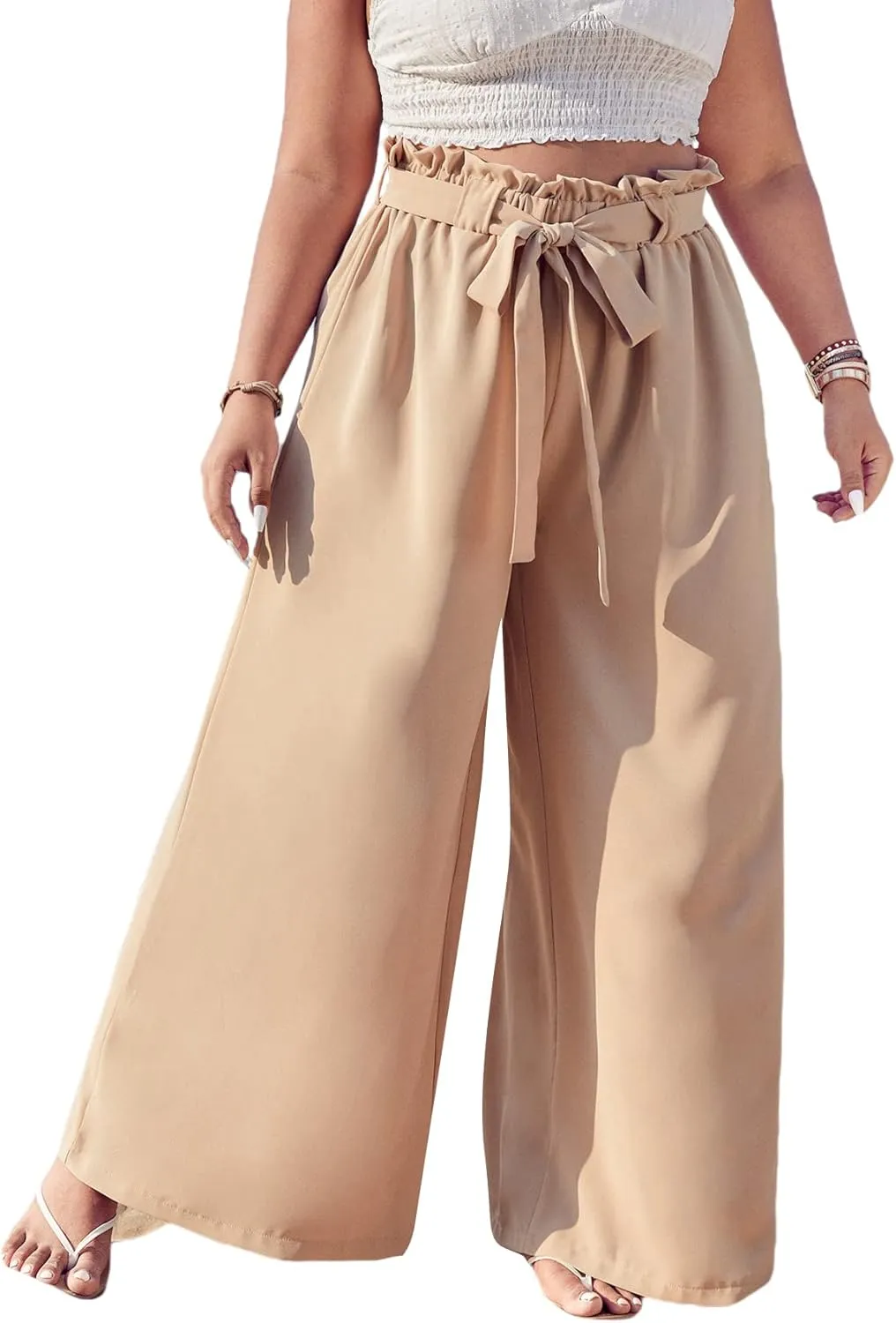 WDIRARA Women's Plus Size Printed Drawstring Waist Split Side Wide Leg Pants