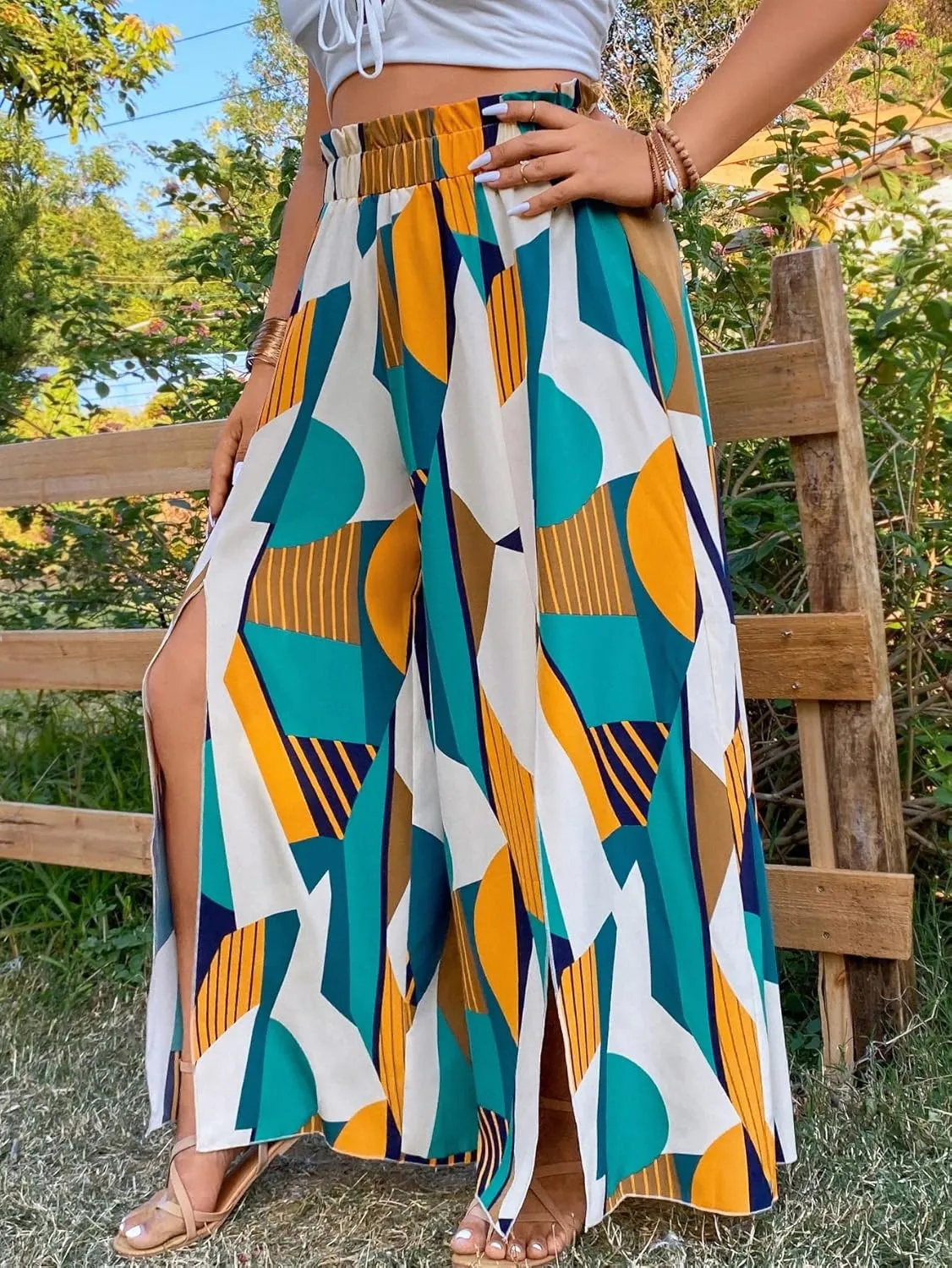 WDIRARA Women's Plus Size Printed Drawstring Waist Split Side Wide Leg Pants