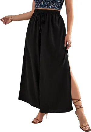 WDIRARA Women's Plus Size Printed Drawstring Waist Split Side Wide Leg Pants