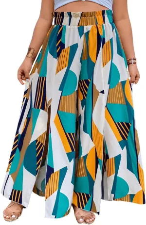 WDIRARA Women's Plus Size Printed Drawstring Waist Split Side Wide Leg Pants
