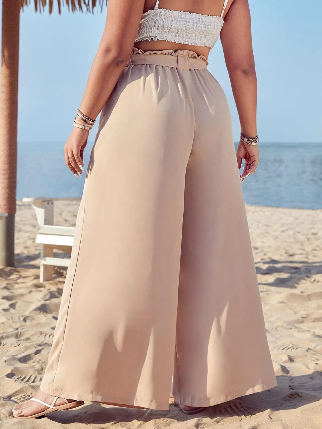 WDIRARA Women's Plus Size Printed Drawstring Waist Split Side Wide Leg Pants