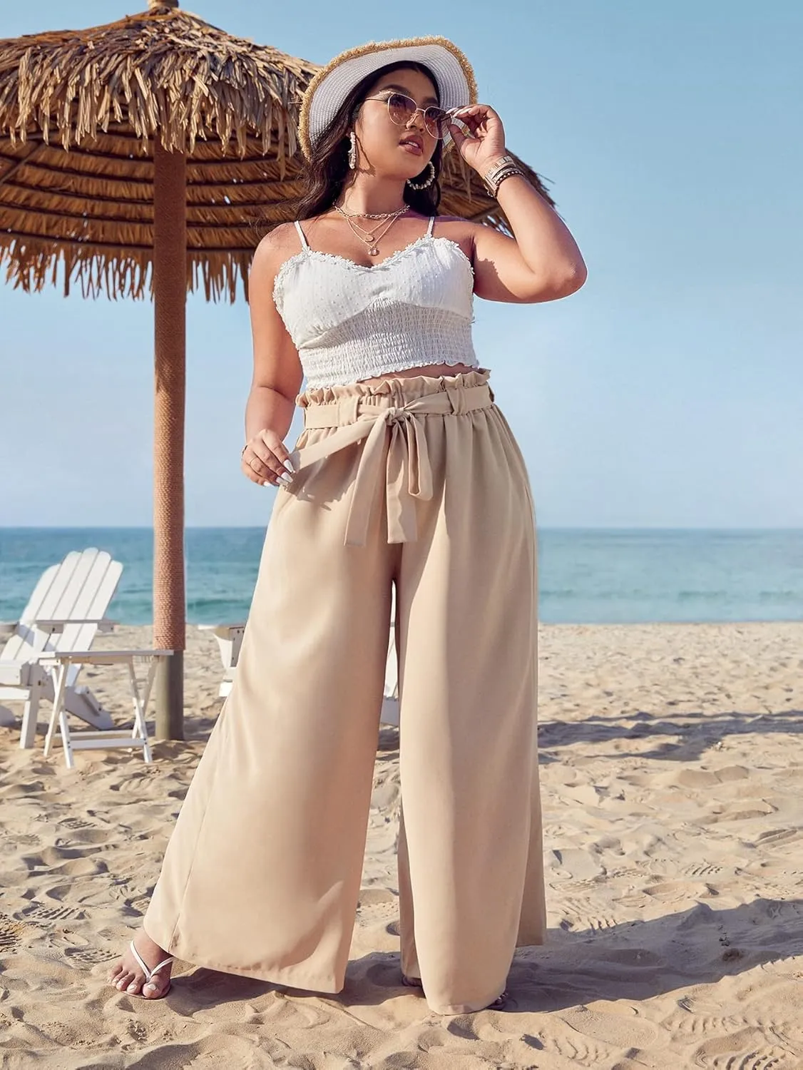 WDIRARA Women's Plus Size Printed Drawstring Waist Split Side Wide Leg Pants