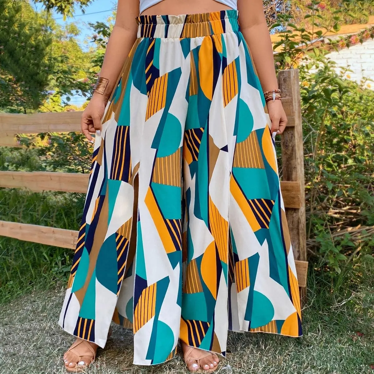 WDIRARA Women's Plus Size Printed Drawstring Waist Split Side Wide Leg Pants