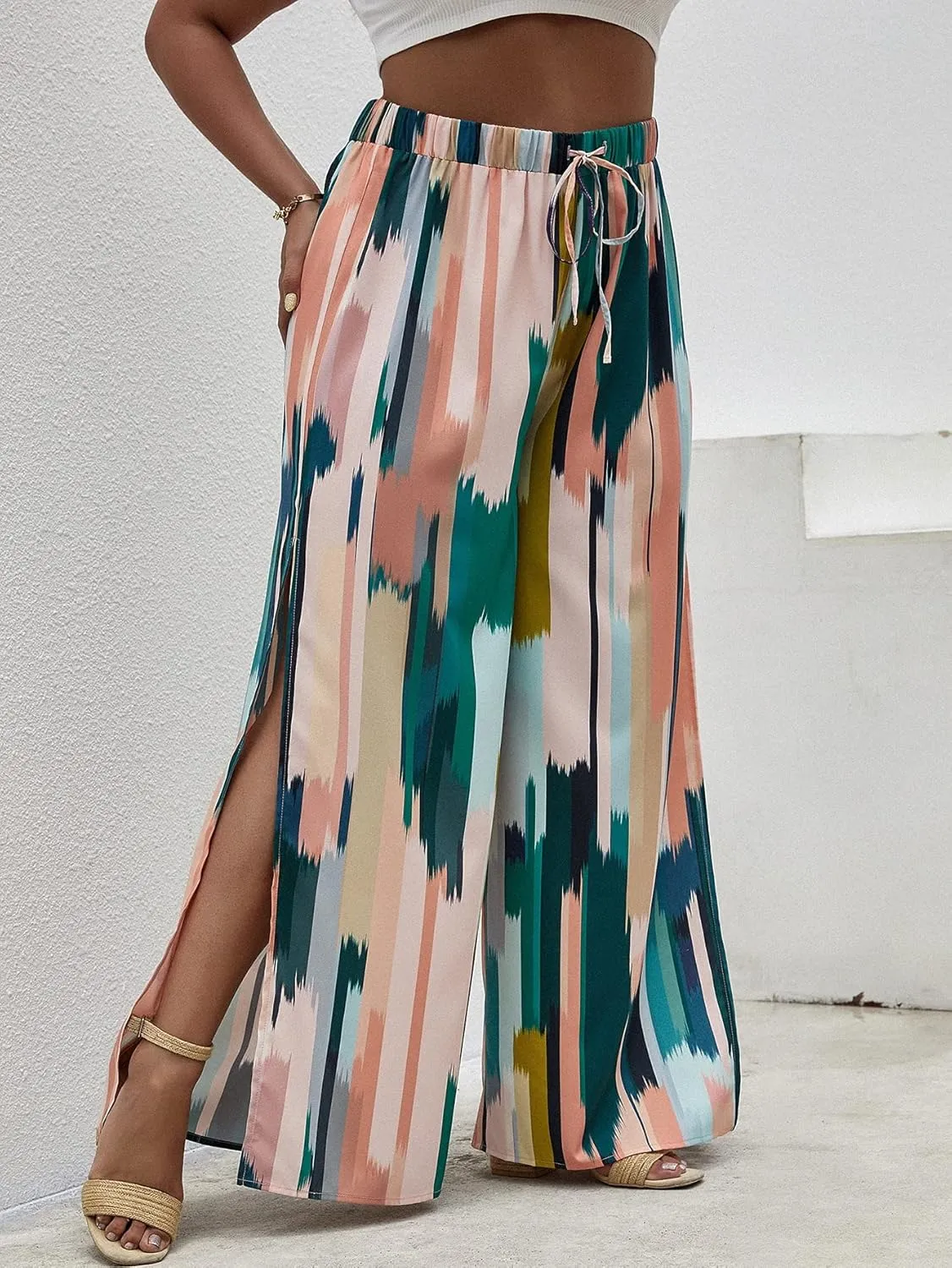 WDIRARA Women's Plus Size Printed Drawstring Waist Split Side Wide Leg Pants