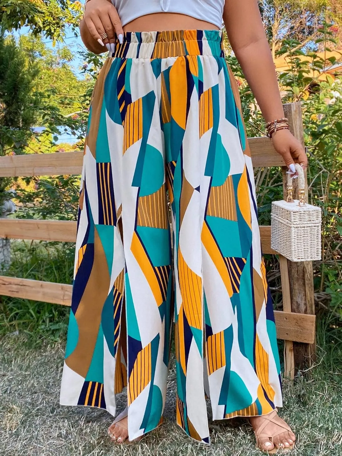 WDIRARA Women's Plus Size Printed Drawstring Waist Split Side Wide Leg Pants