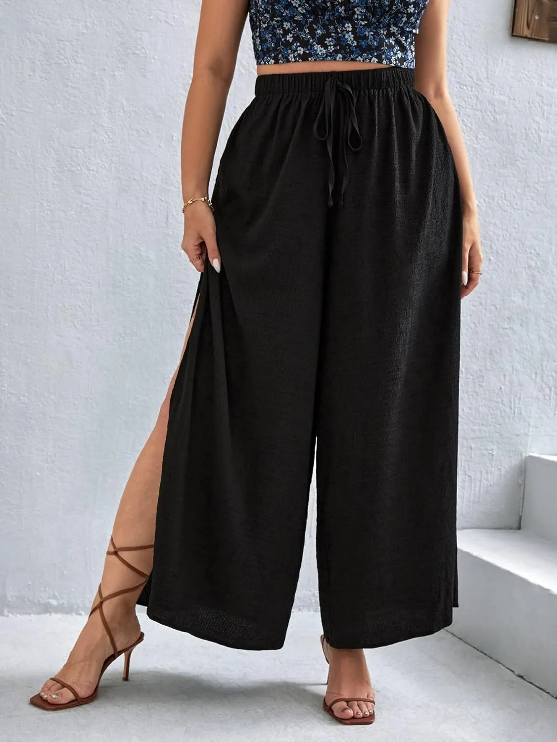 WDIRARA Women's Plus Size Printed Drawstring Waist Split Side Wide Leg Pants