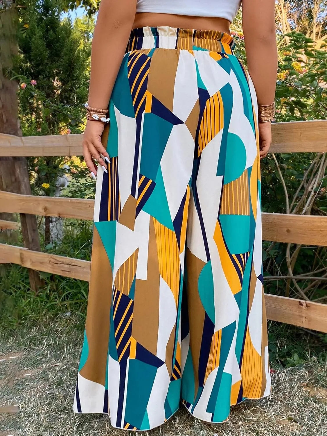 WDIRARA Women's Plus Size Printed Drawstring Waist Split Side Wide Leg Pants