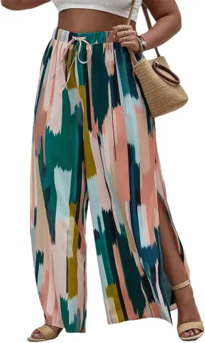 WDIRARA Women's Plus Size Printed Drawstring Waist Split Side Wide Leg Pants