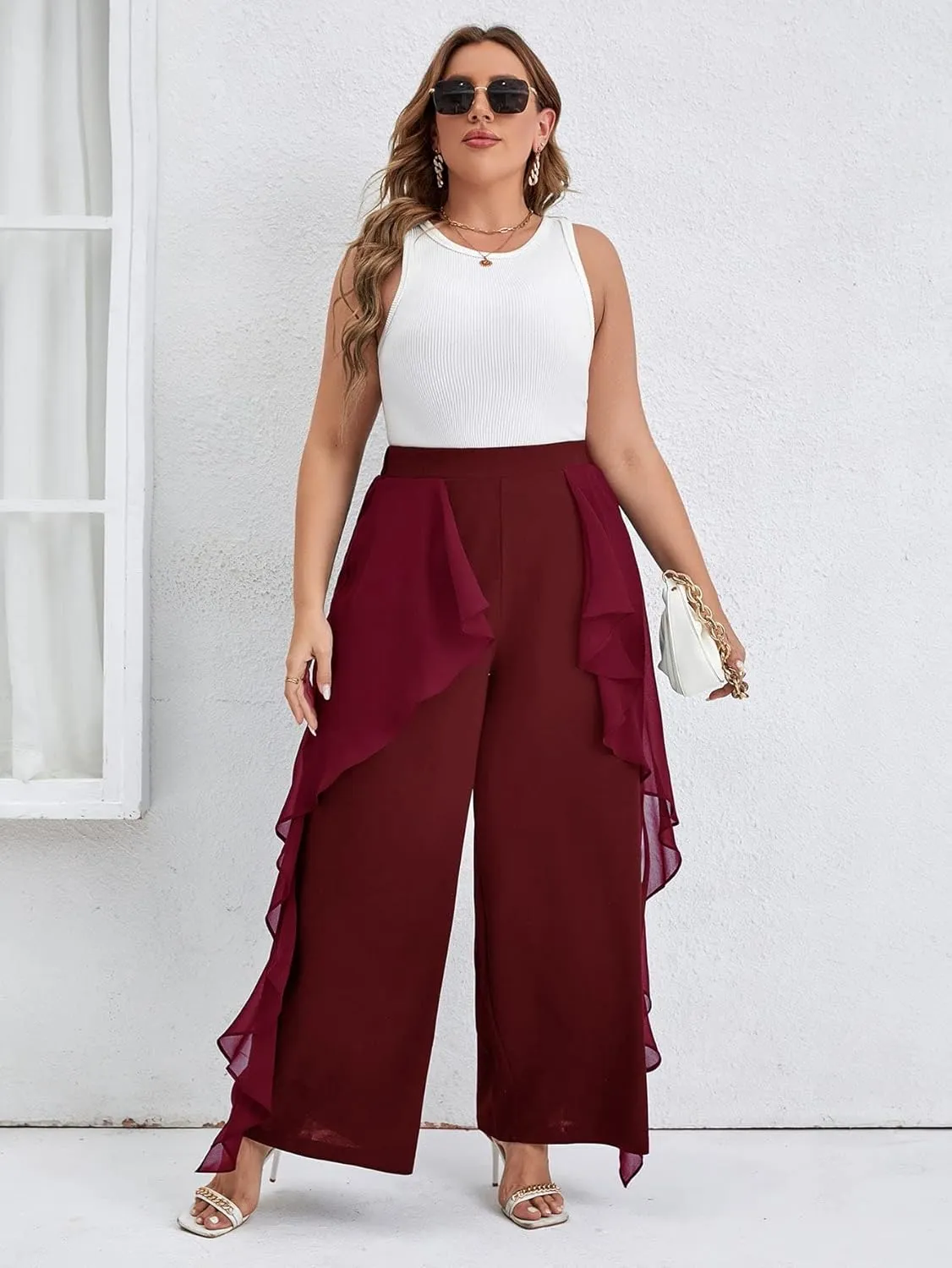 WDIRARA Women's Plus Size Ruffle Trim Elastic Waist Wide Leg Pants Stretch Pants