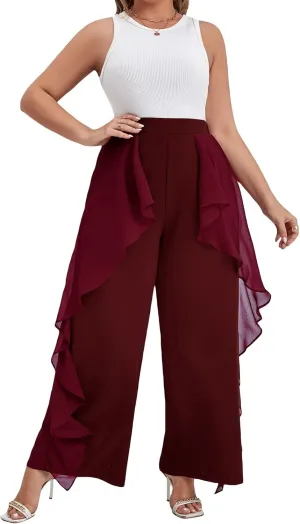 WDIRARA Women's Plus Size Ruffle Trim Elastic Waist Wide Leg Pants Stretch Pants
