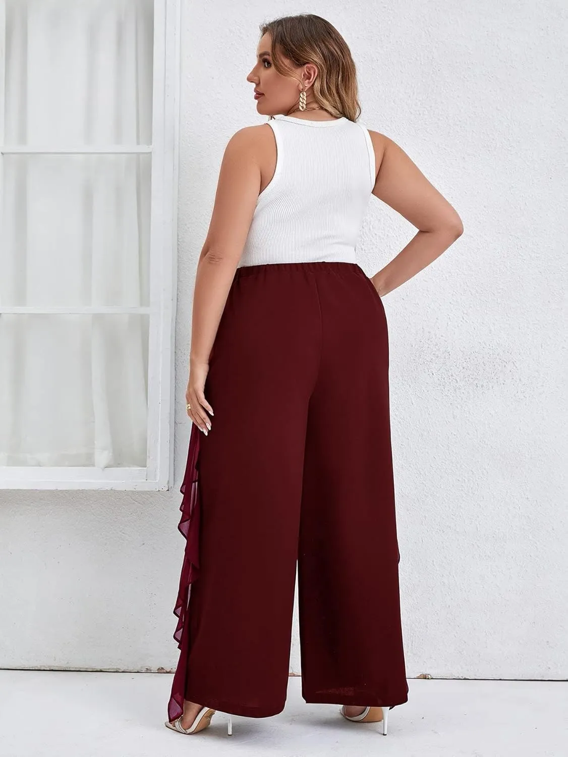 WDIRARA Women's Plus Size Ruffle Trim Elastic Waist Wide Leg Pants Stretch Pants