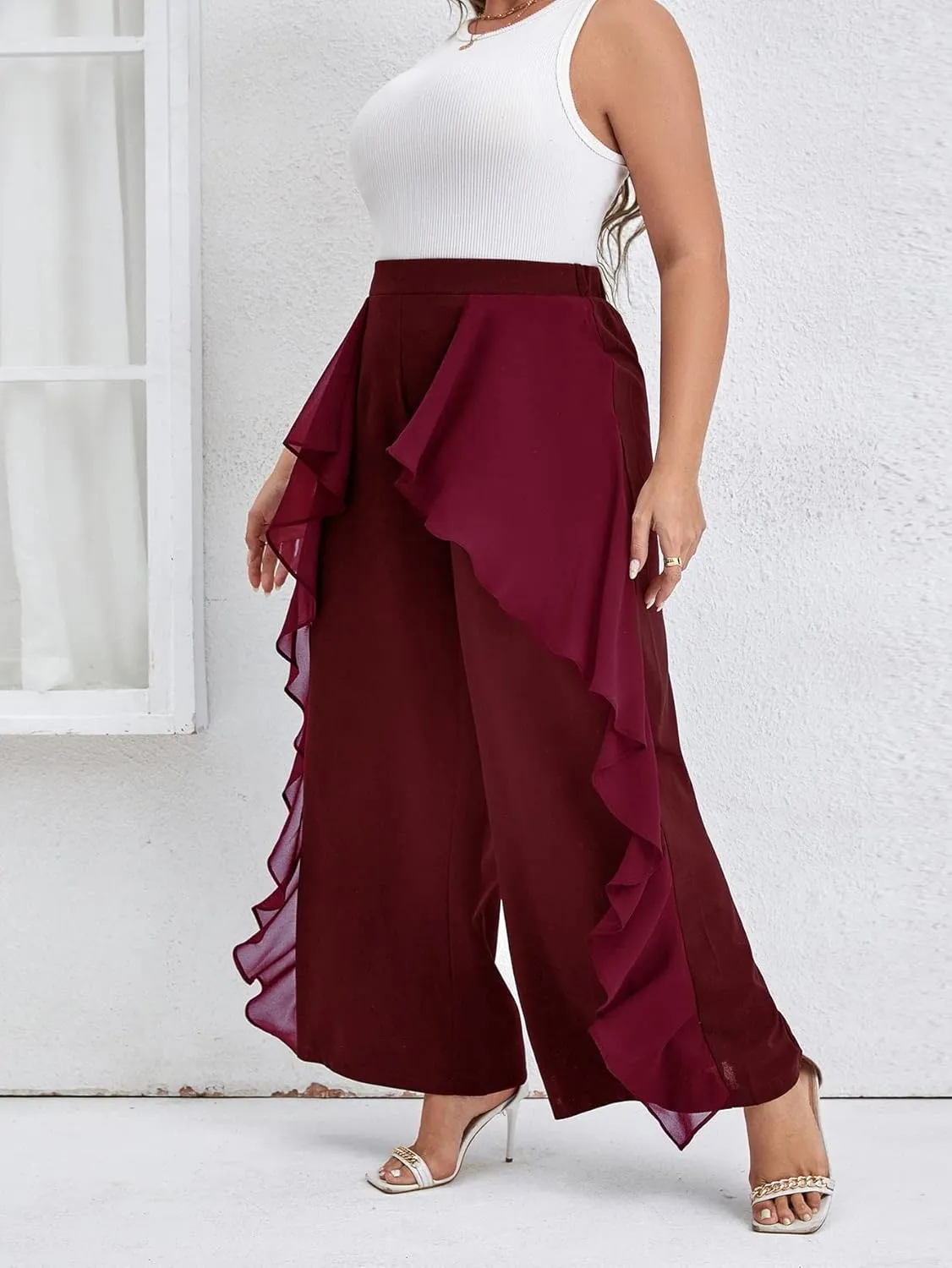 WDIRARA Women's Plus Size Ruffle Trim Elastic Waist Wide Leg Pants Stretch Pants