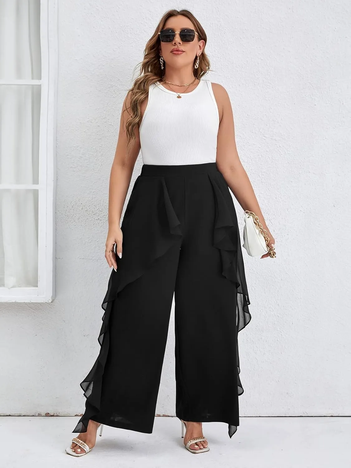 WDIRARA Women's Plus Size Ruffle Trim Elastic Waist Wide Leg Pants Stretch Pants