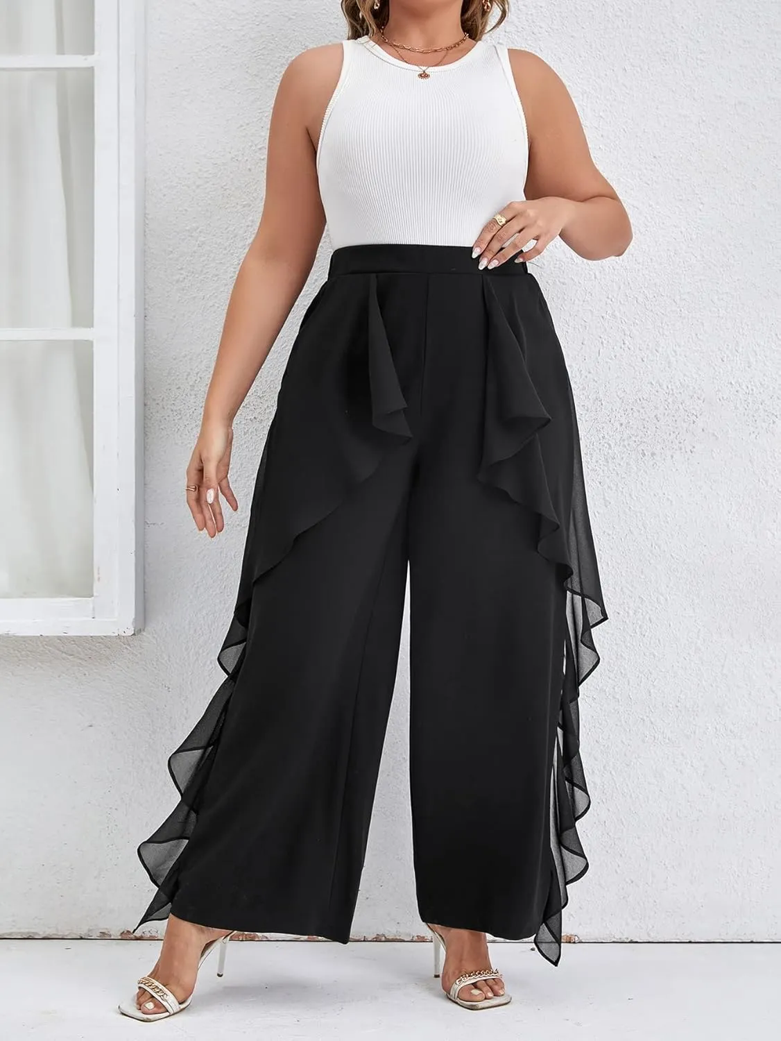 WDIRARA Women's Plus Size Ruffle Trim Elastic Waist Wide Leg Pants Stretch Pants