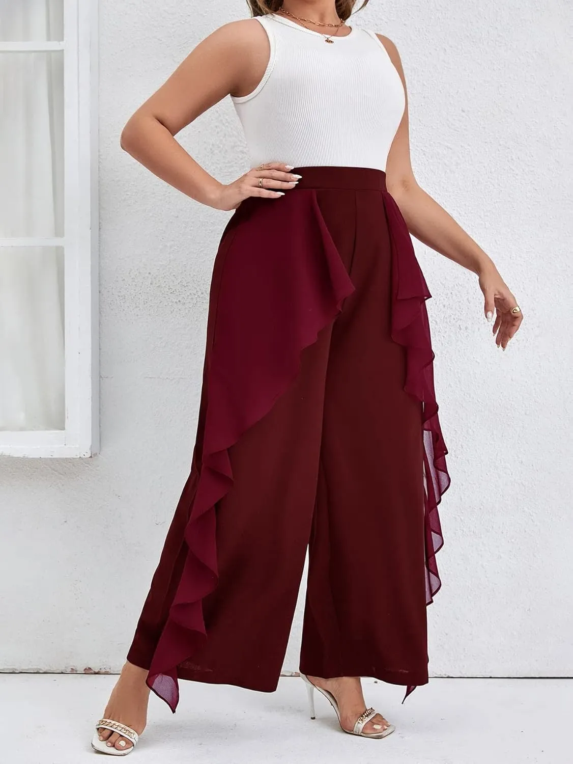 WDIRARA Women's Plus Size Ruffle Trim Elastic Waist Wide Leg Pants Stretch Pants