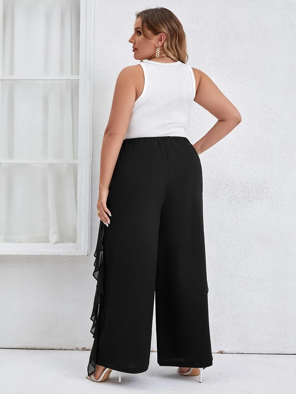 WDIRARA Women's Plus Size Ruffle Trim Elastic Waist Wide Leg Pants Stretch Pants