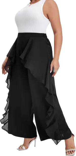WDIRARA Women's Plus Size Ruffle Trim Elastic Waist Wide Leg Pants Stretch Pants