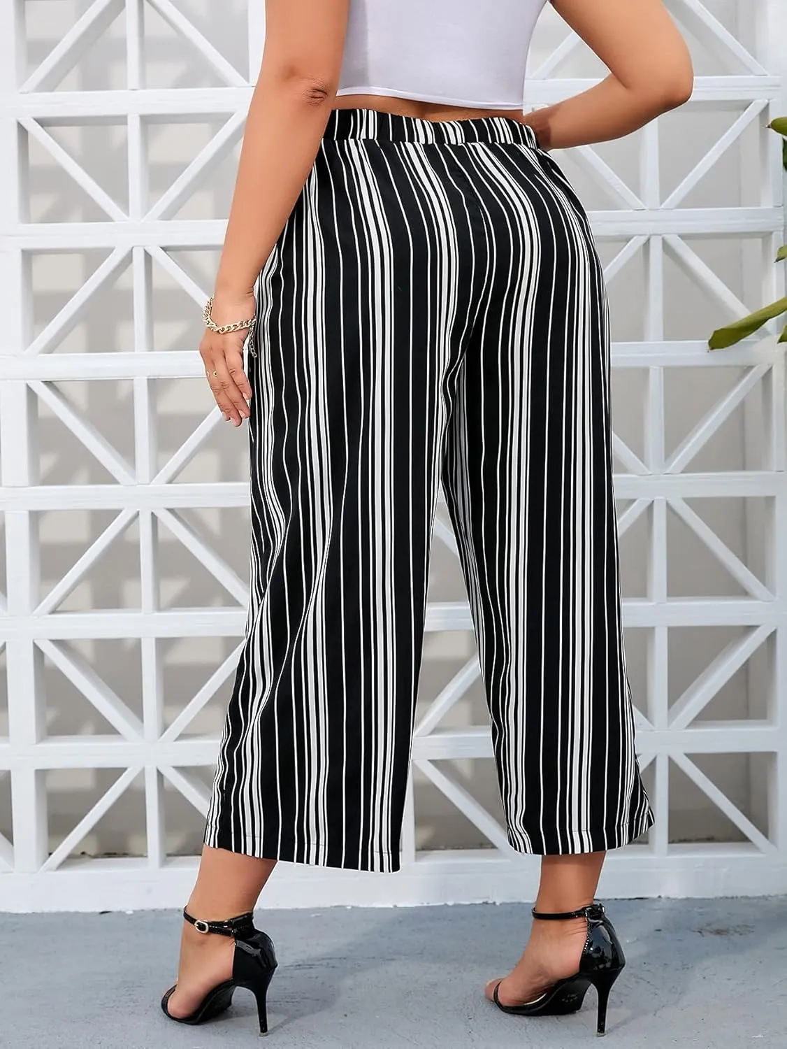 WDIRARA Women's Plus Size Striped Palazzo Pants High Waisted Wide Leg Cropped Trousers