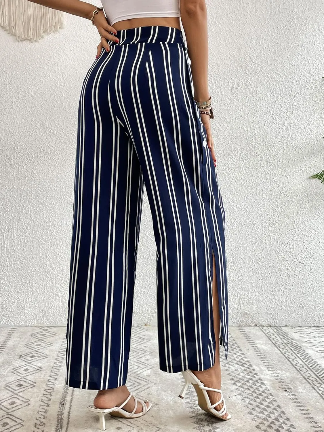WDIRARA Women's Plus Size Striped Palazzo Pants High Waisted Wide Leg Cropped Trousers