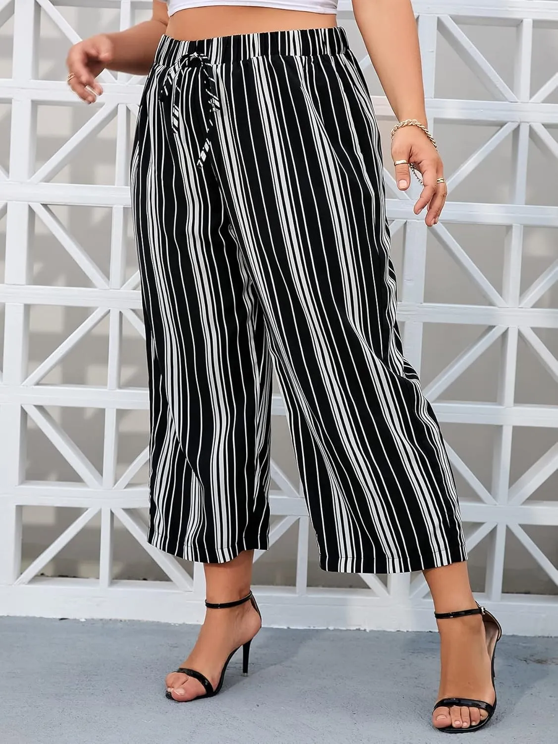 WDIRARA Women's Plus Size Striped Palazzo Pants High Waisted Wide Leg Cropped Trousers