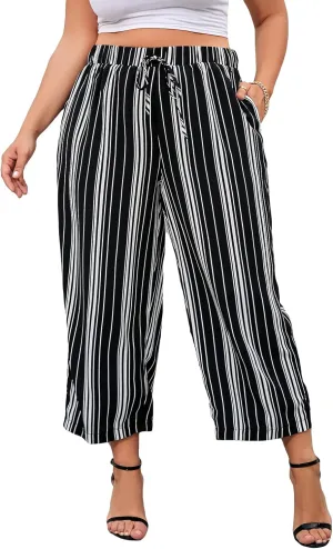 WDIRARA Women's Plus Size Striped Palazzo Pants High Waisted Wide Leg Cropped Trousers