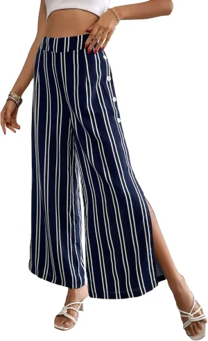 WDIRARA Women's Plus Size Striped Palazzo Pants High Waisted Wide Leg Cropped Trousers