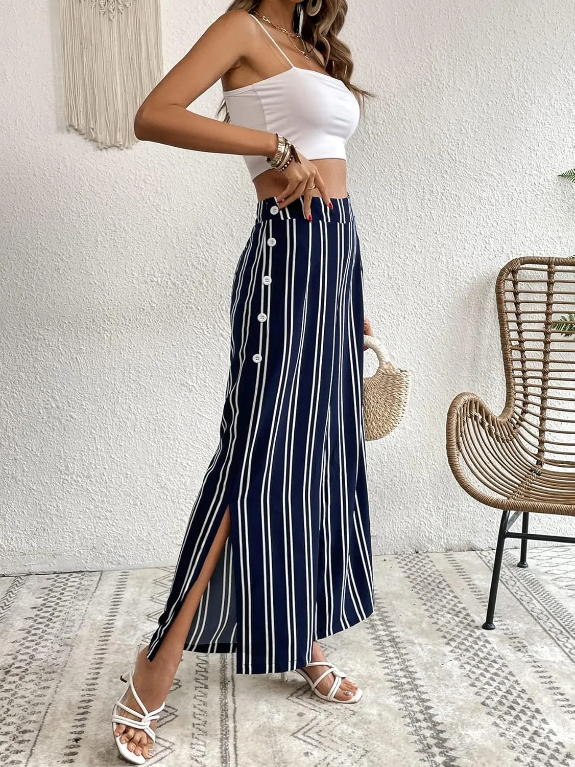 WDIRARA Women's Plus Size Striped Palazzo Pants High Waisted Wide Leg Cropped Trousers