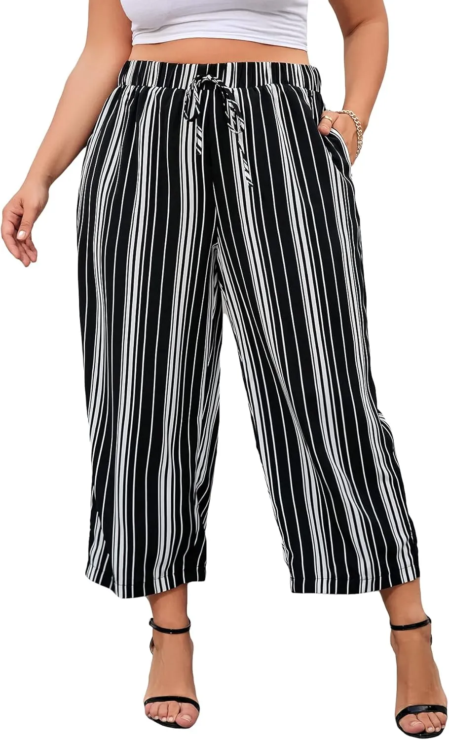 WDIRARA Women's Plus Size Striped Palazzo Pants High Waisted Wide Leg Cropped Trousers