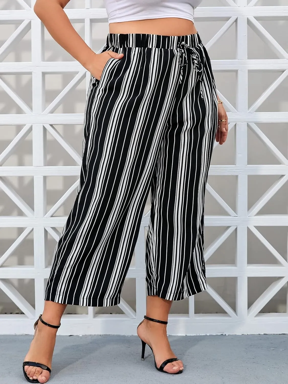 WDIRARA Women's Plus Size Striped Palazzo Pants High Waisted Wide Leg Cropped Trousers